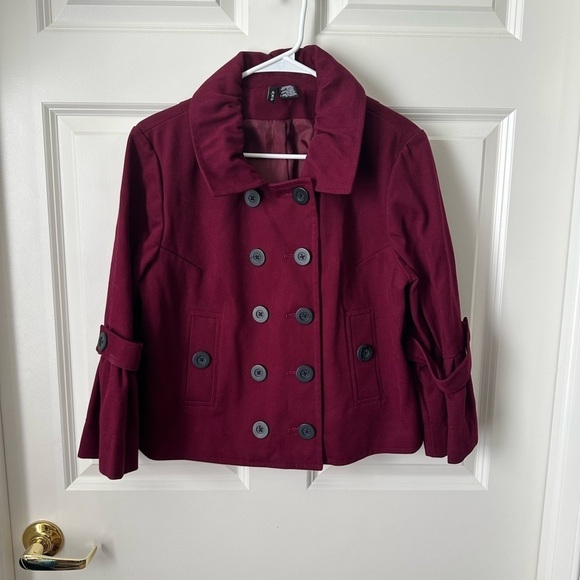 Mixit Coat Jacket Size L Burgundy Double Breasted Cropped Flare Cuff - Picture 1 of 9
